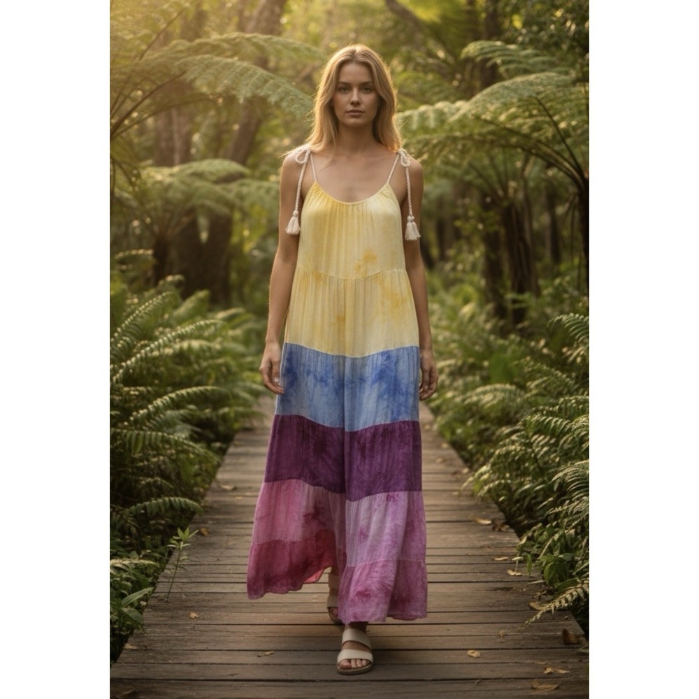 White Birch Women's Tie Dye Sun Dress Rope Drawstring Straps Medium New